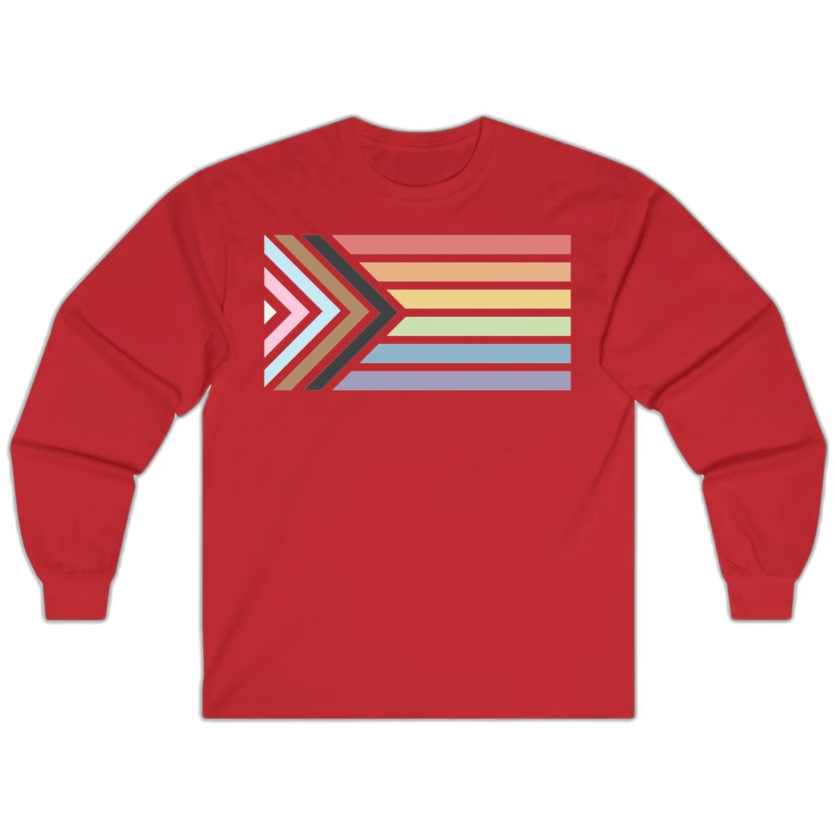 Progress pride arrows design with chevron shapes and rainbow flag stripes representing LGBTQ equality and forward momentum in Red