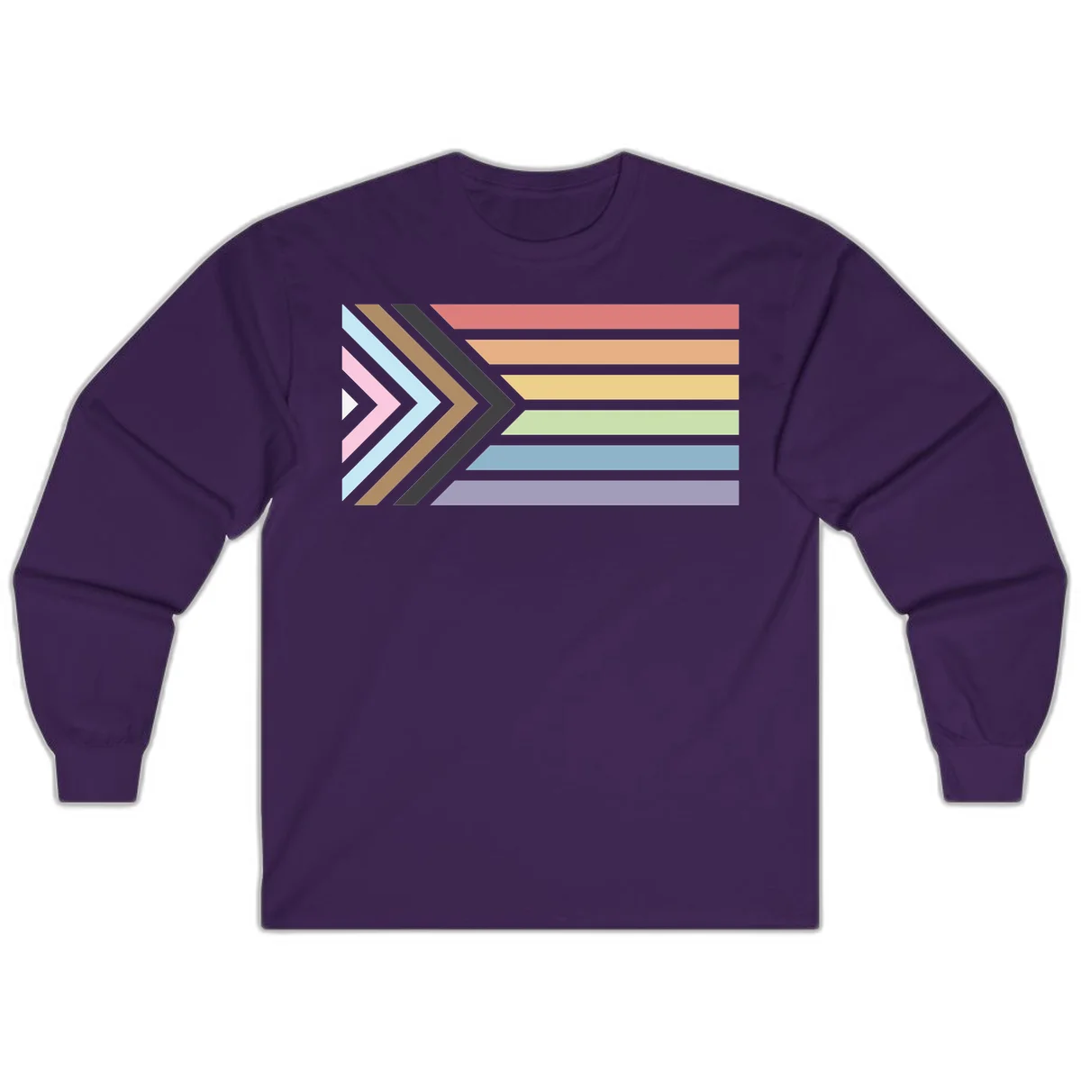Progress pride arrows design with chevron shapes and rainbow flag stripes representing LGBTQ equality and forward momentum in Purple