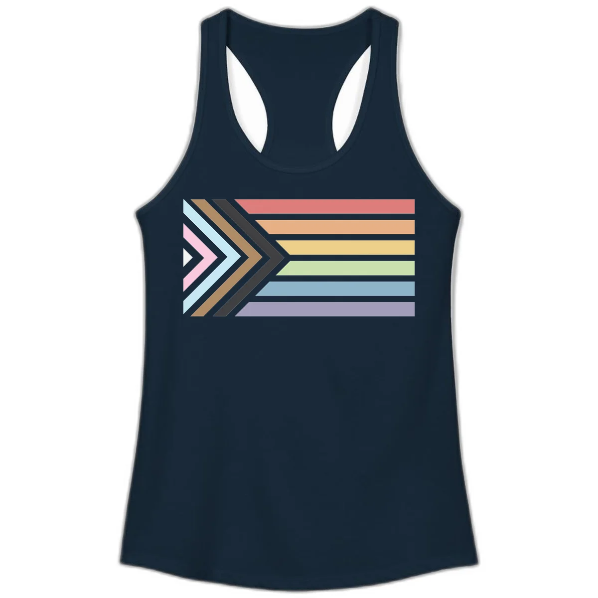 Progress pride arrows design with chevron shapes and rainbow flag stripes representing LGBTQ equality and forward momentum in Solid Midnight Navy