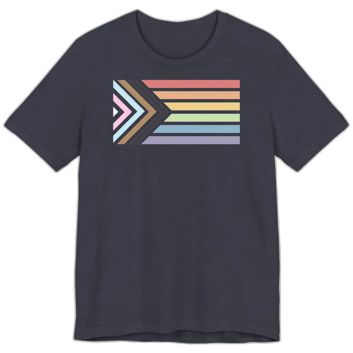 Progress pride arrows design with chevron shapes and rainbow flag stripes representing LGBTQ equality and forward momentum in Heather Midnight Navy