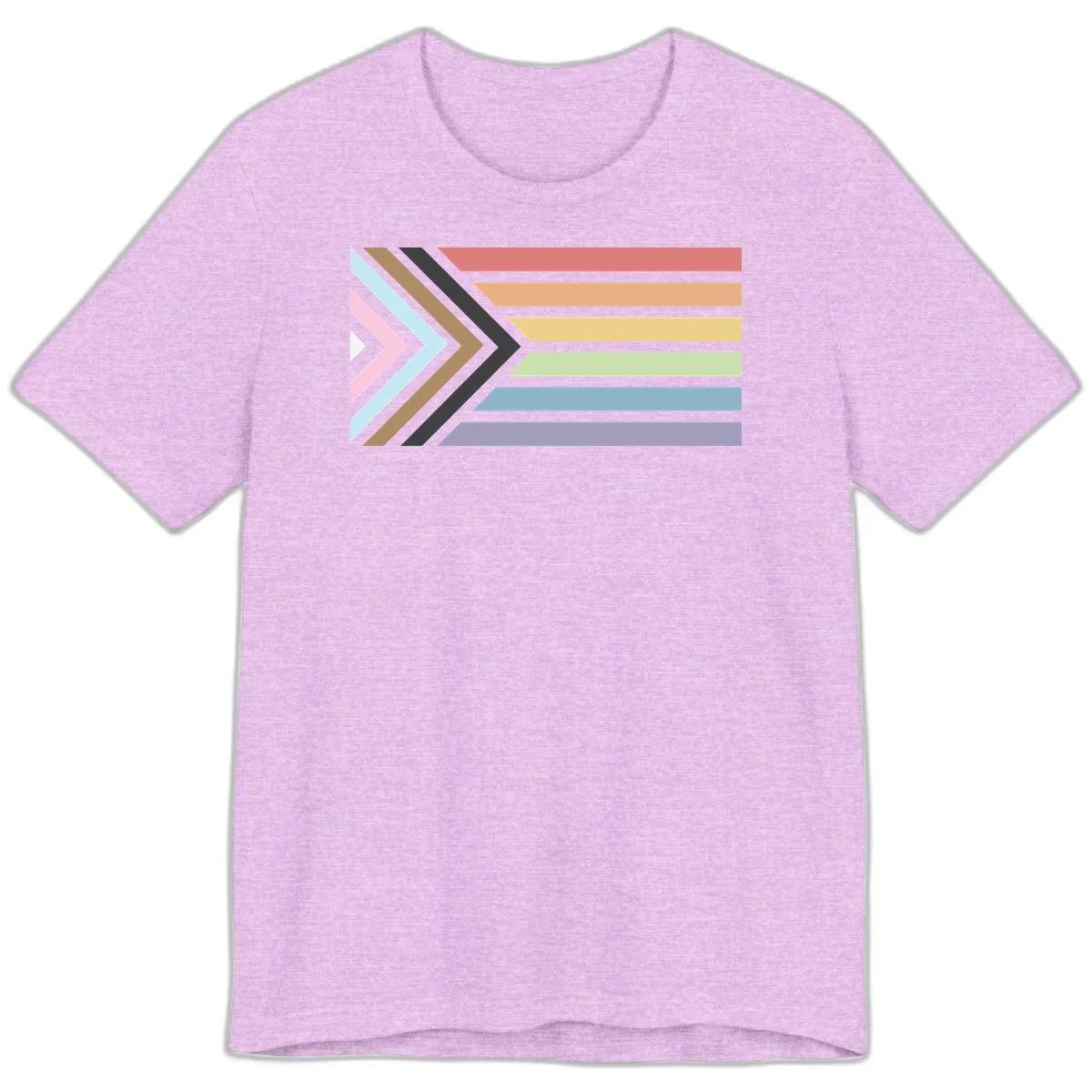 Progress pride arrows design with chevron shapes and rainbow flag stripes representing LGBTQ equality and forward momentum in Heather Prism Lilac