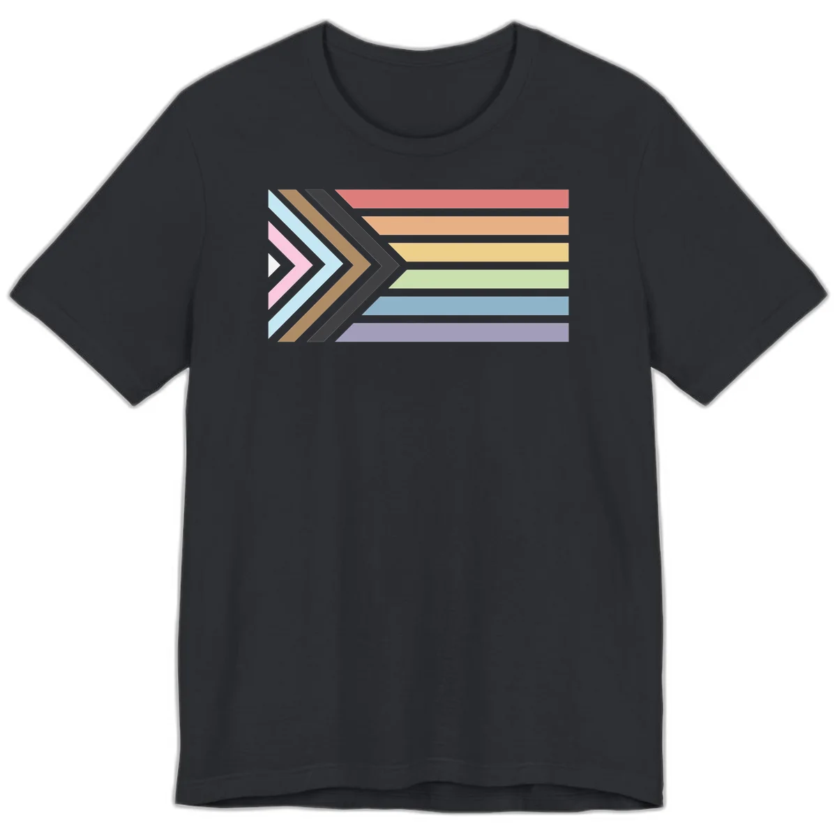 Progress pride arrows design with chevron shapes and rainbow flag stripes representing LGBTQ equality and forward momentum in Vintage Black