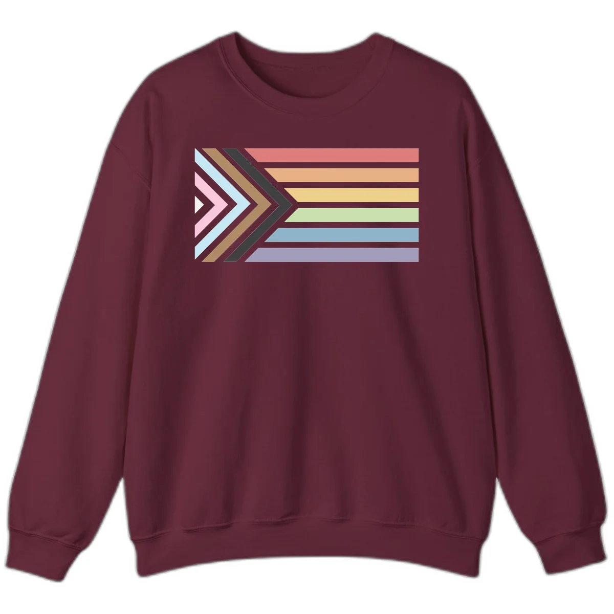 Progress pride arrows design with chevron shapes and rainbow flag stripes representing LGBTQ equality and forward momentum in Maroon