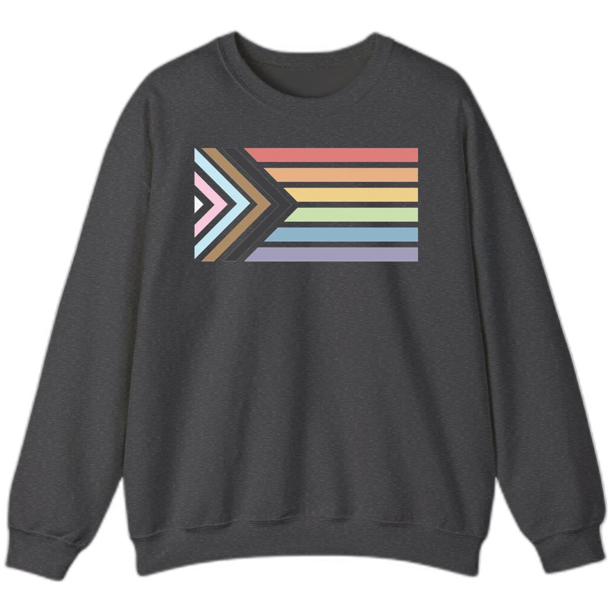 Progress pride arrows design with chevron shapes and rainbow flag stripes representing LGBTQ equality and forward momentum in Dark Heather