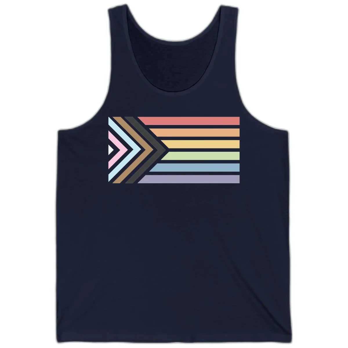 Progress pride arrows design with chevron shapes and rainbow flag stripes representing LGBTQ equality and forward momentum in Navy
