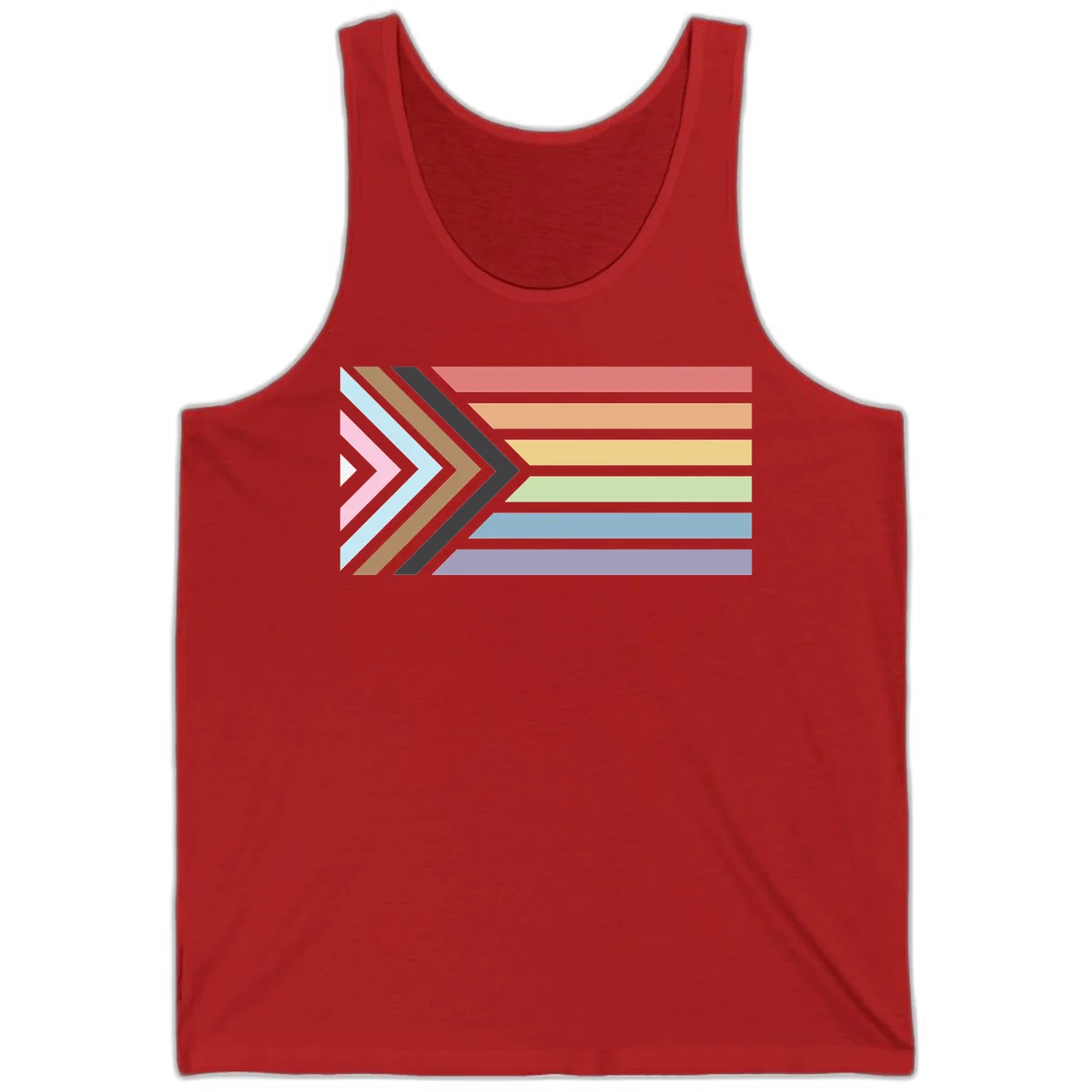 Progress pride arrows design with chevron shapes and rainbow flag stripes representing LGBTQ equality and forward momentum in Red