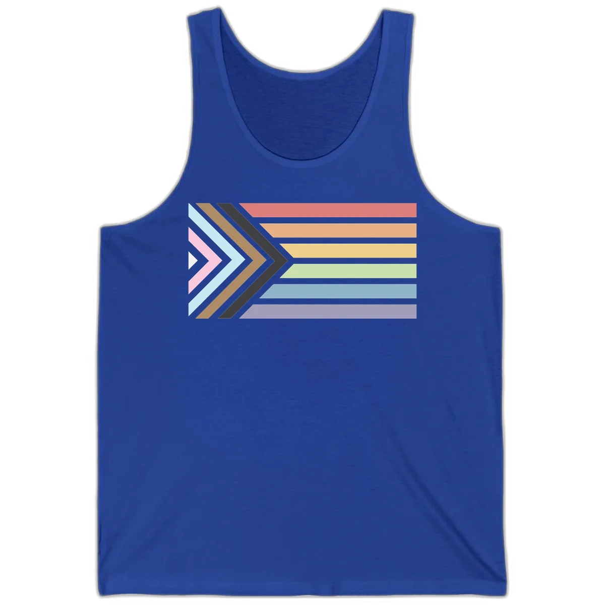 Progress pride arrows design with chevron shapes and rainbow flag stripes representing LGBTQ equality and forward momentum in True Royal