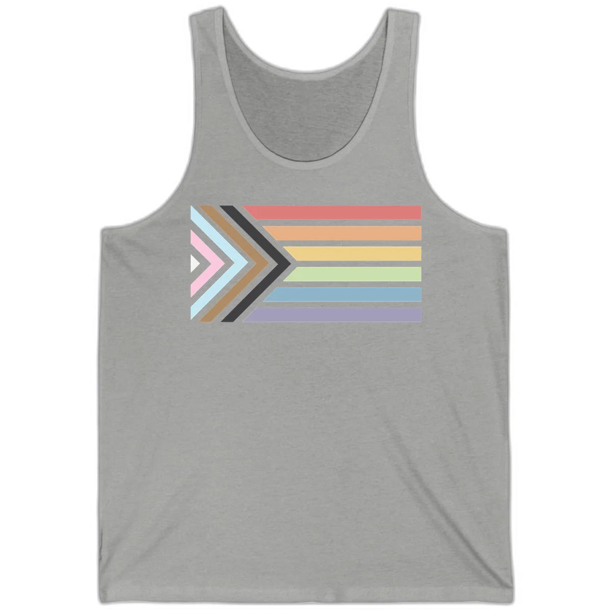 Progress pride arrows design with chevron shapes and rainbow flag stripes representing LGBTQ equality and forward momentum in Athletic Heather