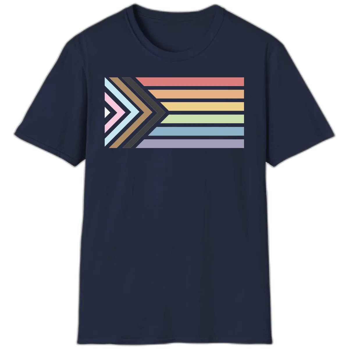 Progress pride arrows design with chevron shapes and rainbow flag stripes representing LGBTQ equality and forward momentum in Navy