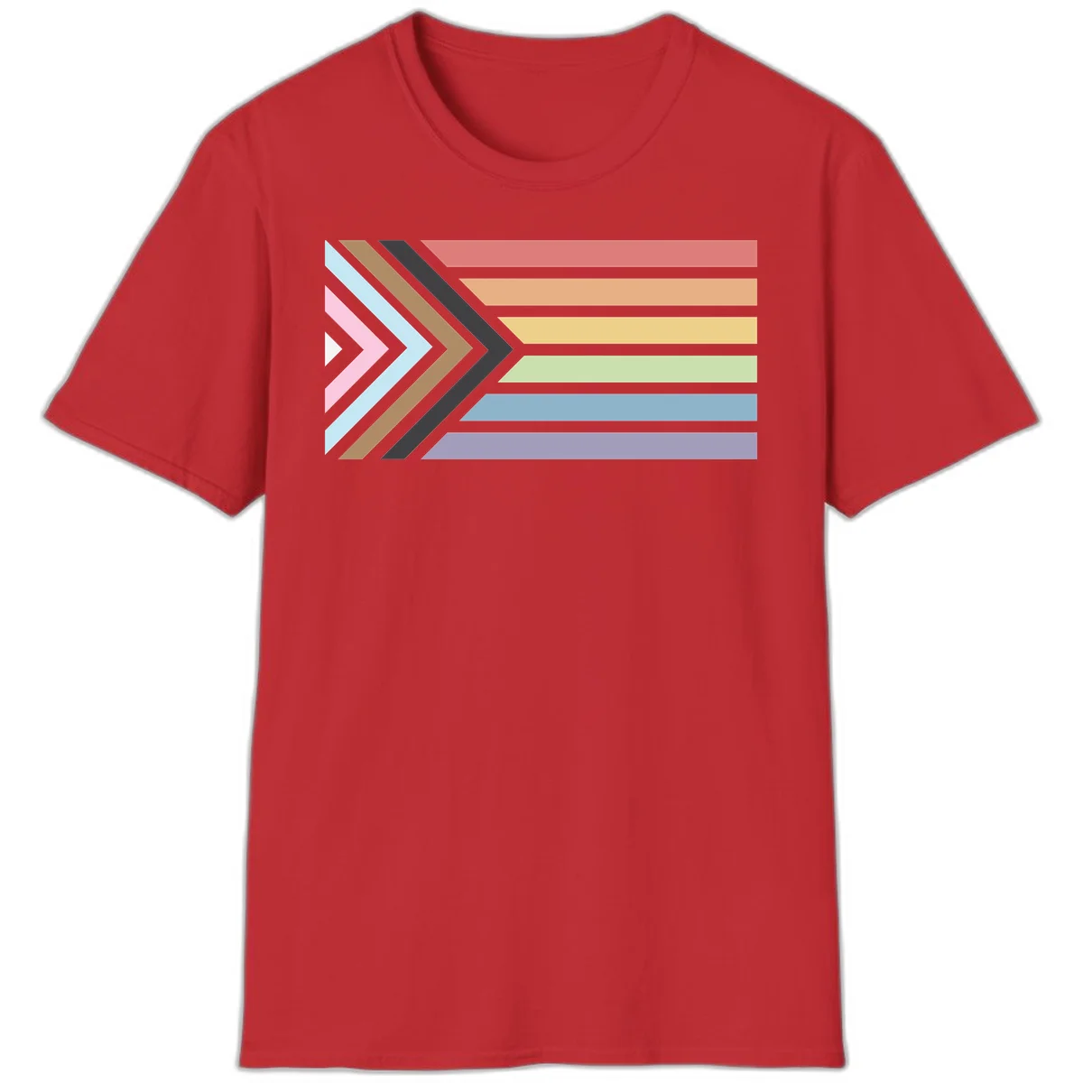 Progress pride arrows design with chevron shapes and rainbow flag stripes representing LGBTQ equality and forward momentum in Red