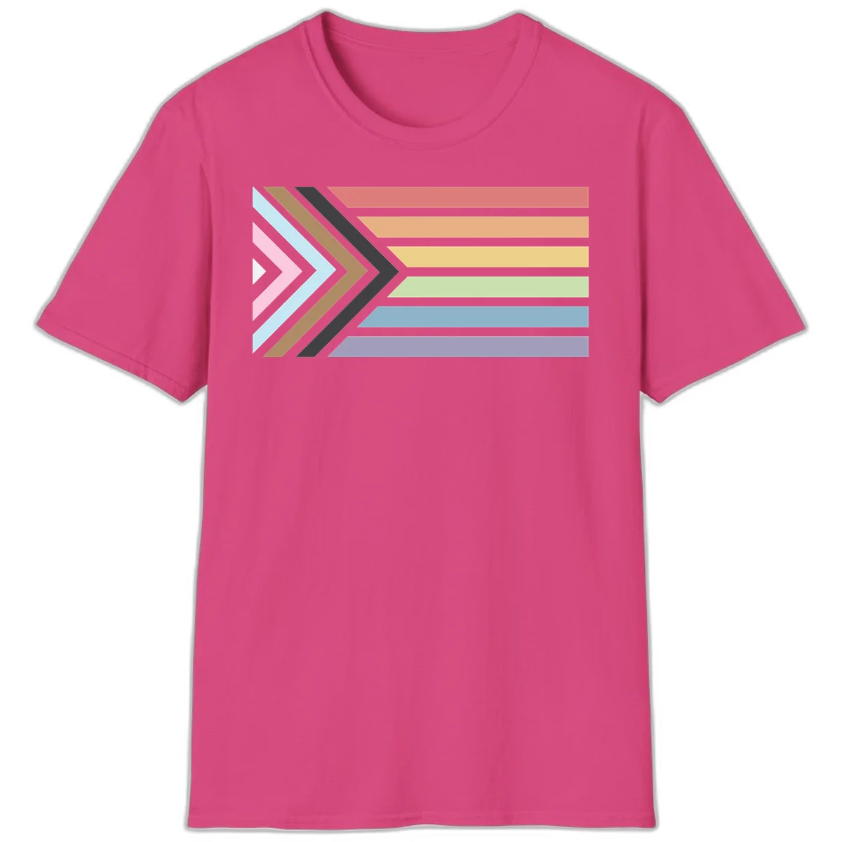 Progress pride arrows design with chevron shapes and rainbow flag stripes representing LGBTQ equality and forward momentum in Heliconia