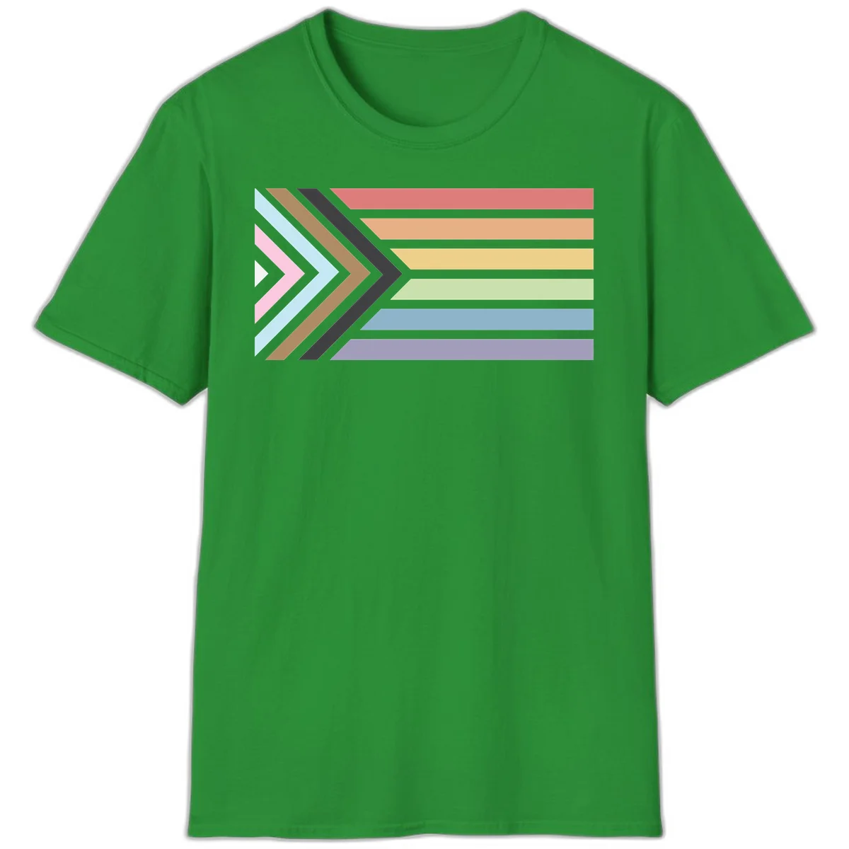Progress pride arrows design with chevron shapes and rainbow flag stripes representing LGBTQ equality and forward momentum in Irish Green