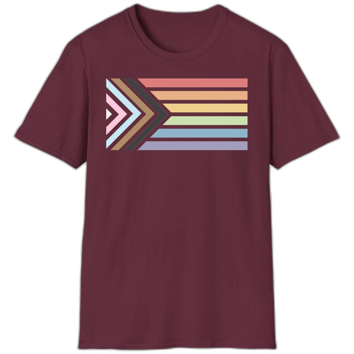 Progress pride arrows design with chevron shapes and rainbow flag stripes representing LGBTQ equality and forward momentum in Maroon