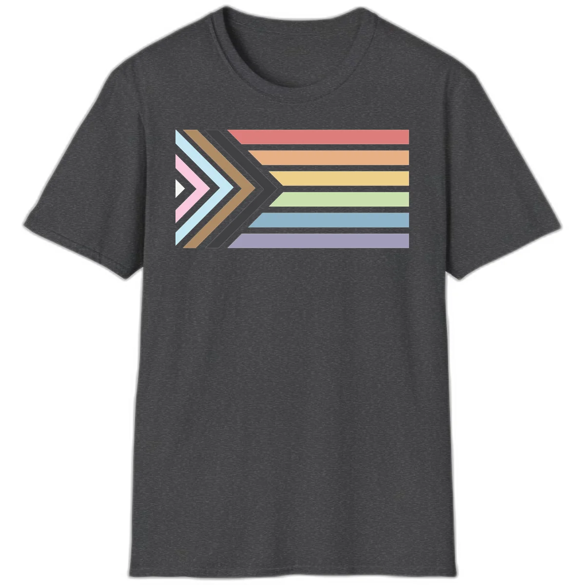 Progress pride arrows design with chevron shapes and rainbow flag stripes representing LGBTQ equality and forward momentum in Dark Heather