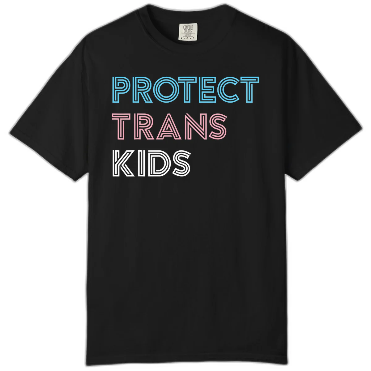 Neon-style outlined text reading 'PROTECT TRANS KIDS' in cyan, pink, and white striped lettering with concentric line patterns in Black