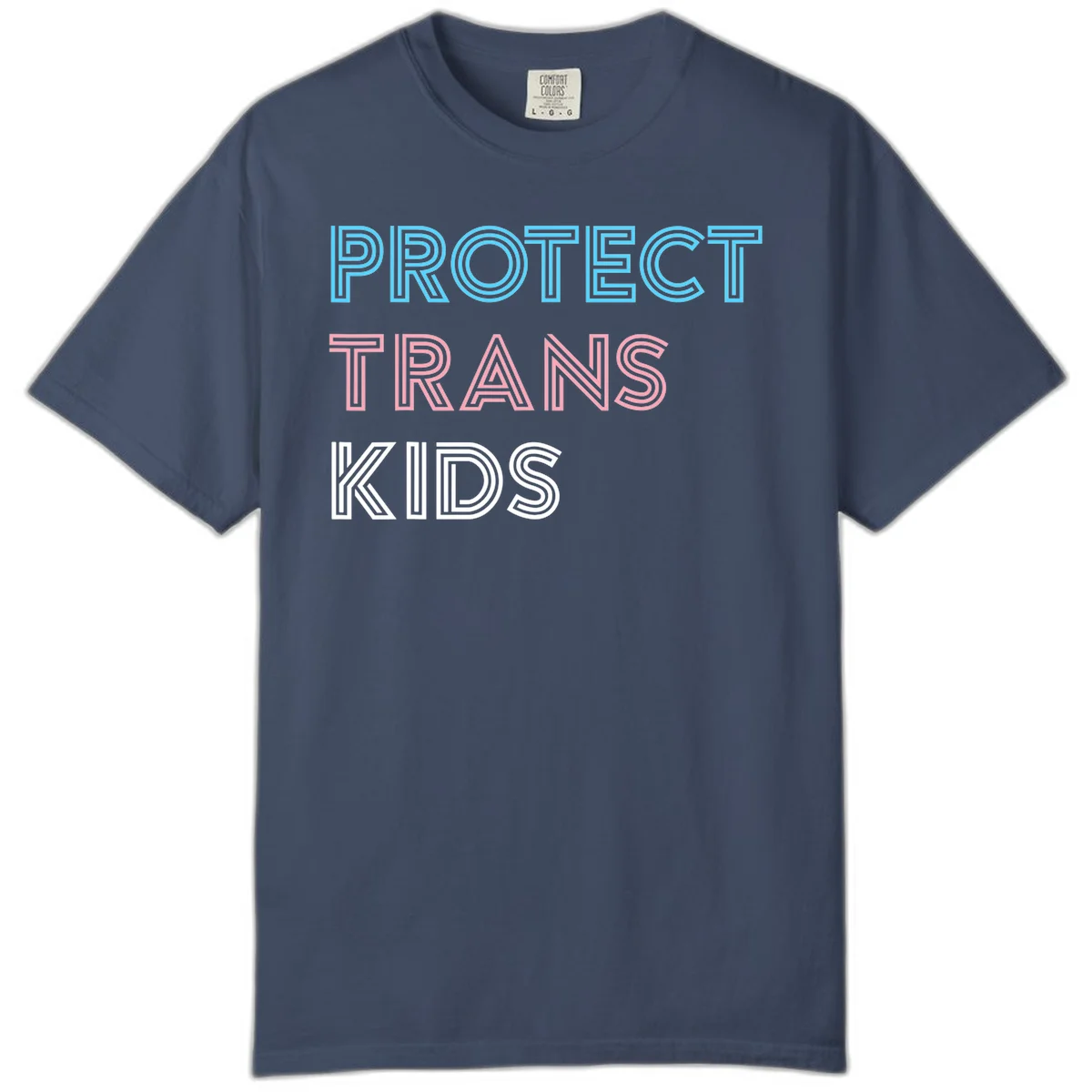 Neon-style outlined text reading 'PROTECT TRANS KIDS' in cyan, pink, and white striped lettering with concentric line patterns in Midnight