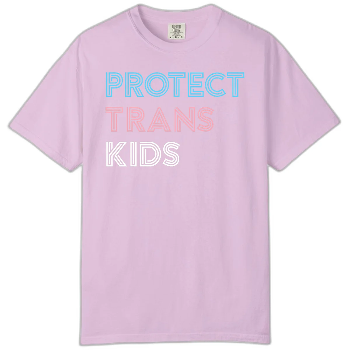 Neon-style outlined text reading 'PROTECT TRANS KIDS' in cyan, pink, and white striped lettering with concentric line patterns in Orchid