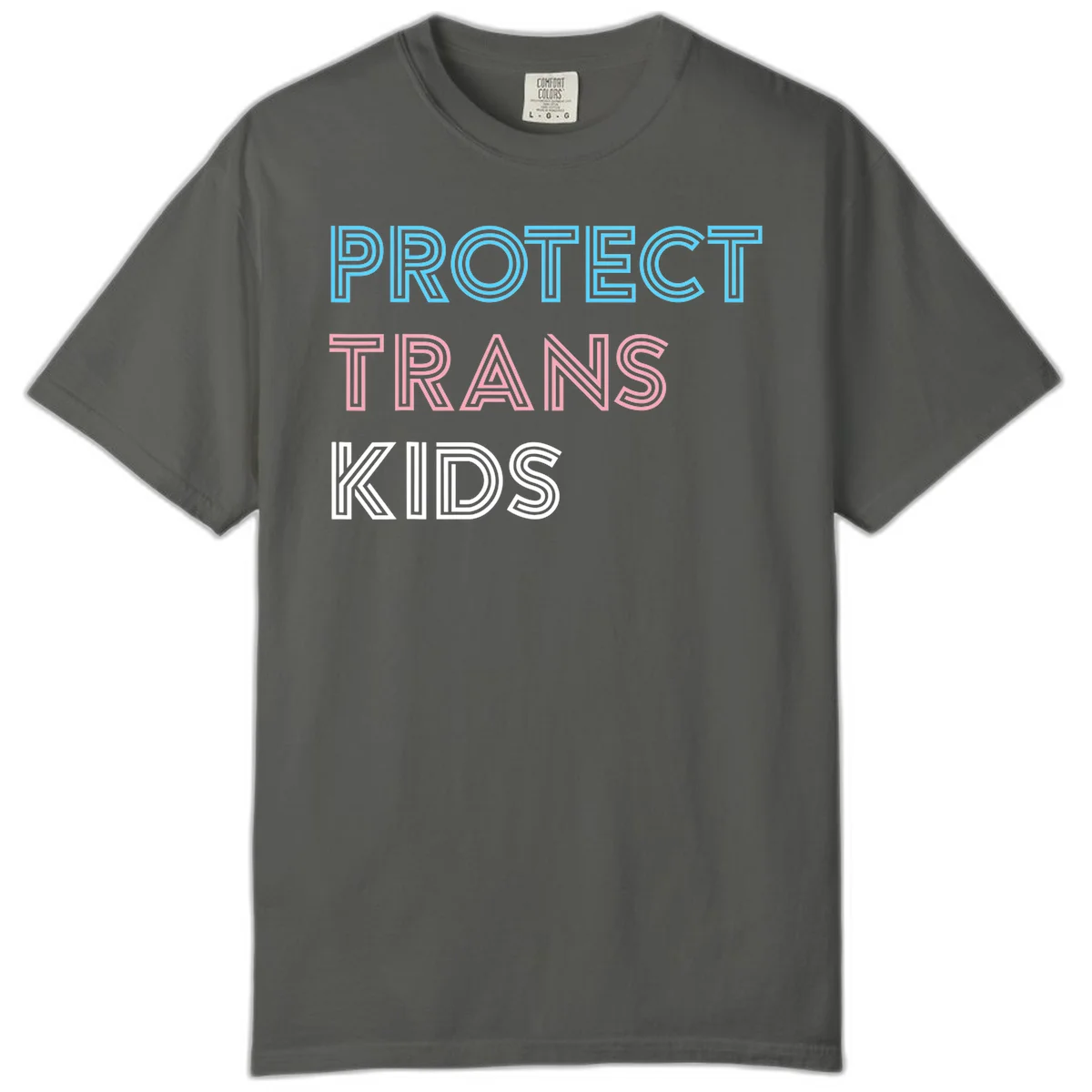 Neon-style outlined text reading 'PROTECT TRANS KIDS' in cyan, pink, and white striped lettering with concentric line patterns in Pepper