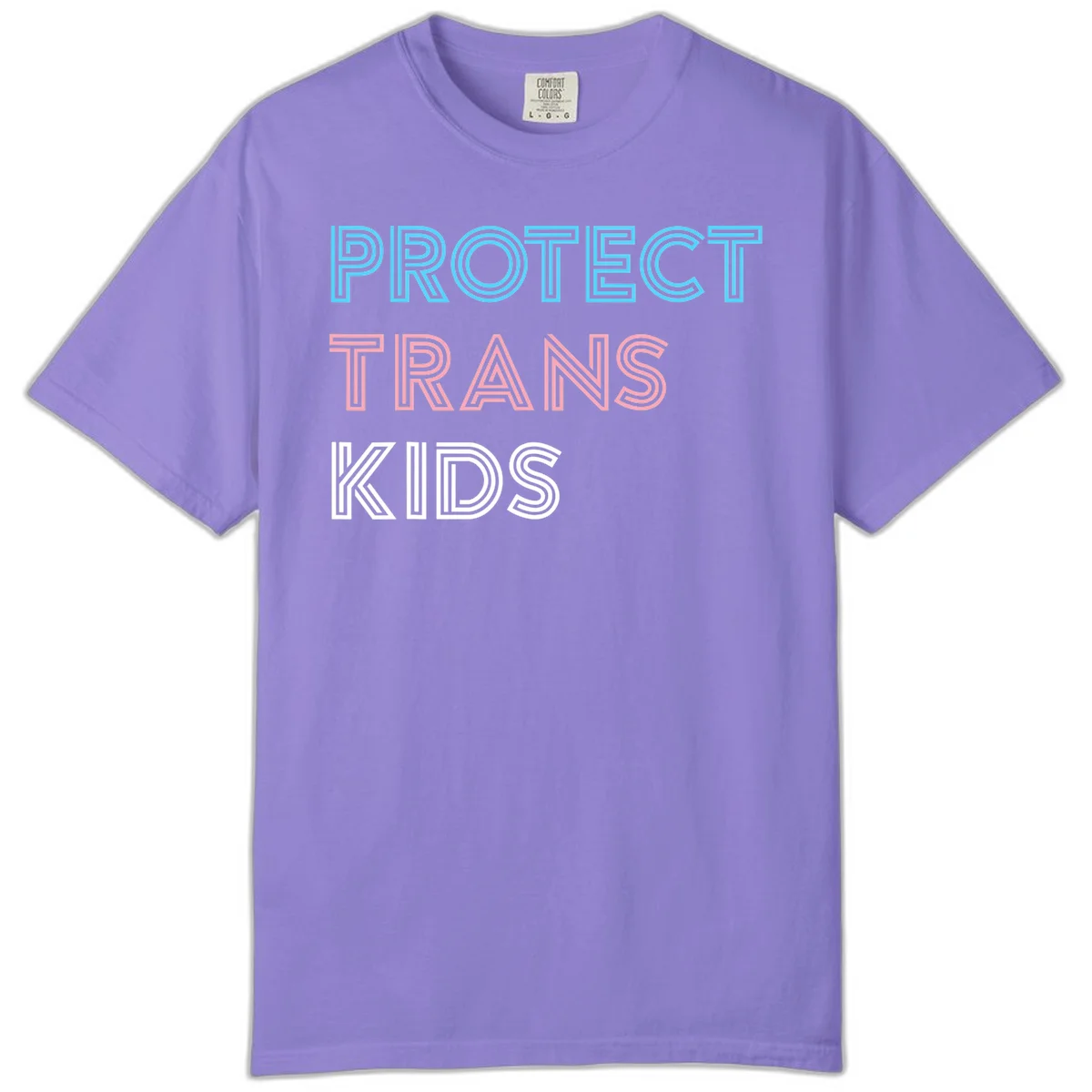 Neon-style outlined text reading 'PROTECT TRANS KIDS' in cyan, pink, and white striped lettering with concentric line patterns in Violet