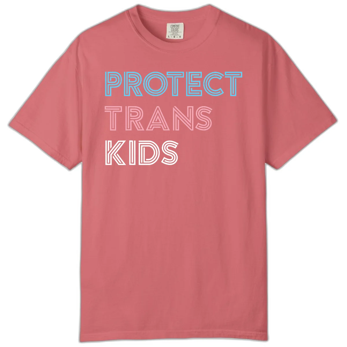 Neon-style outlined text reading 'PROTECT TRANS KIDS' in cyan, pink, and white striped lettering with concentric line patterns in Watermelon