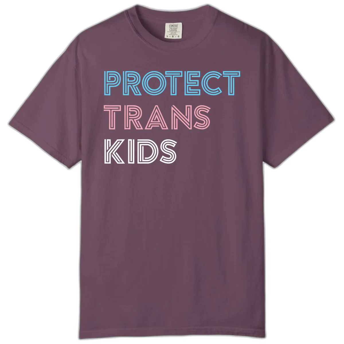 Neon-style outlined text reading 'PROTECT TRANS KIDS' in cyan, pink, and white striped lettering with concentric line patterns in Berry