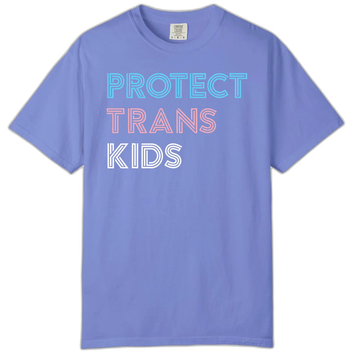 Neon-style outlined text reading 'PROTECT TRANS KIDS' in cyan, pink, and white striped lettering with concentric line patterns in Flo Blue