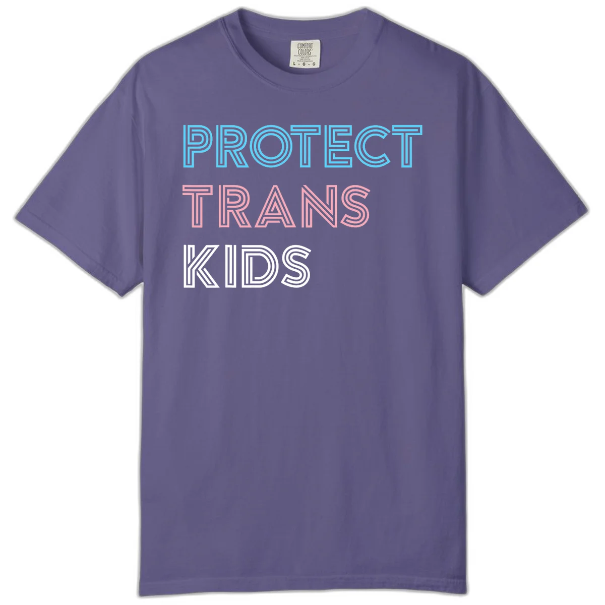 Neon-style outlined text reading 'PROTECT TRANS KIDS' in cyan, pink, and white striped lettering with concentric line patterns in Grape