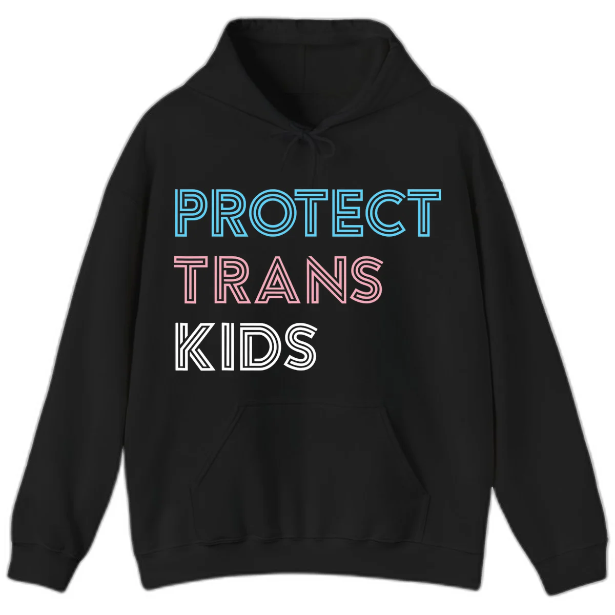 Neon-style outlined text reading 'PROTECT TRANS KIDS' in cyan, pink, and white striped lettering with concentric line patterns in Black