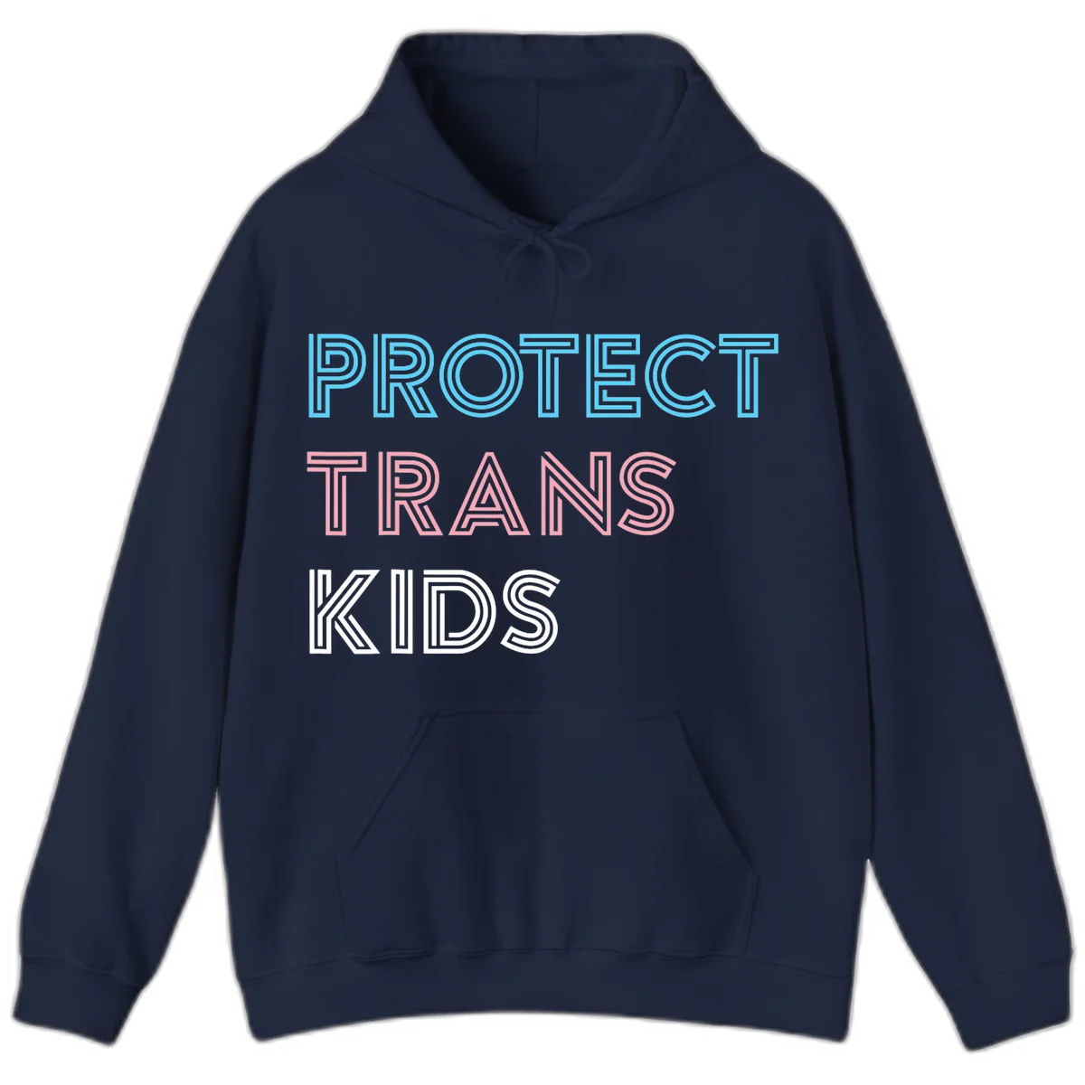 Neon-style outlined text reading 'PROTECT TRANS KIDS' in cyan, pink, and white striped lettering with concentric line patterns in Navy
