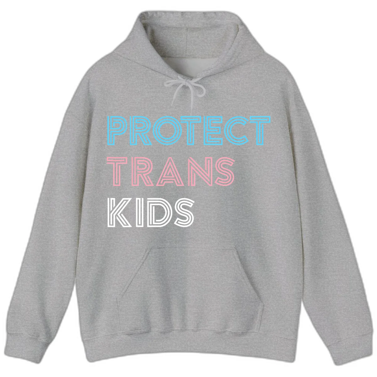Neon-style outlined text reading 'PROTECT TRANS KIDS' in cyan, pink, and white striped lettering with concentric line patterns in Sport Grey