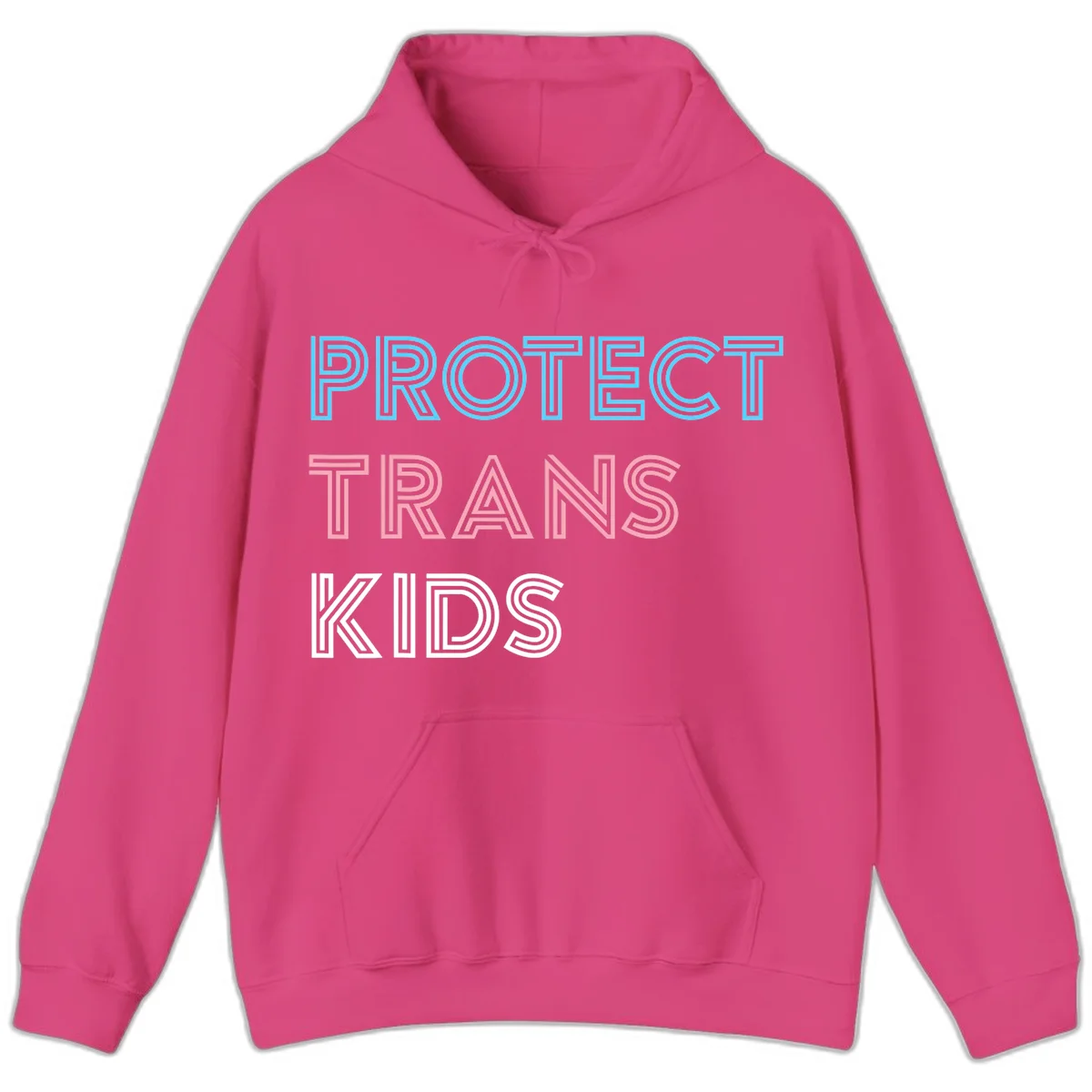 Neon-style outlined text reading 'PROTECT TRANS KIDS' in cyan, pink, and white striped lettering with concentric line patterns in Heliconia
