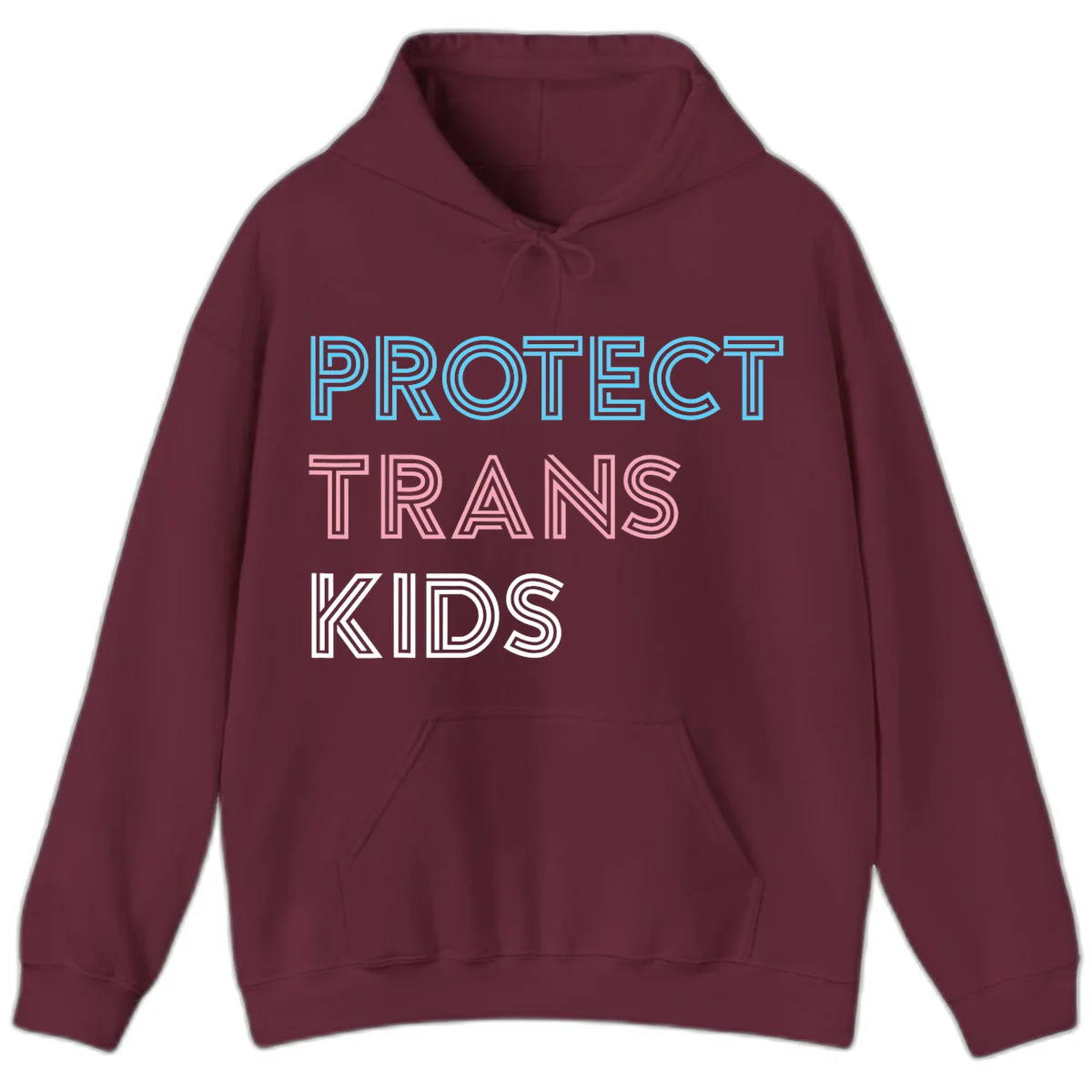 Neon-style outlined text reading 'PROTECT TRANS KIDS' in cyan, pink, and white striped lettering with concentric line patterns in Maroon