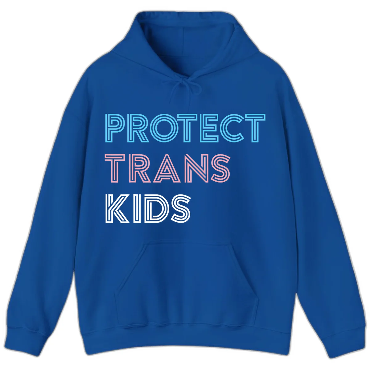 Neon-style outlined text reading 'PROTECT TRANS KIDS' in cyan, pink, and white striped lettering with concentric line patterns in Royal
