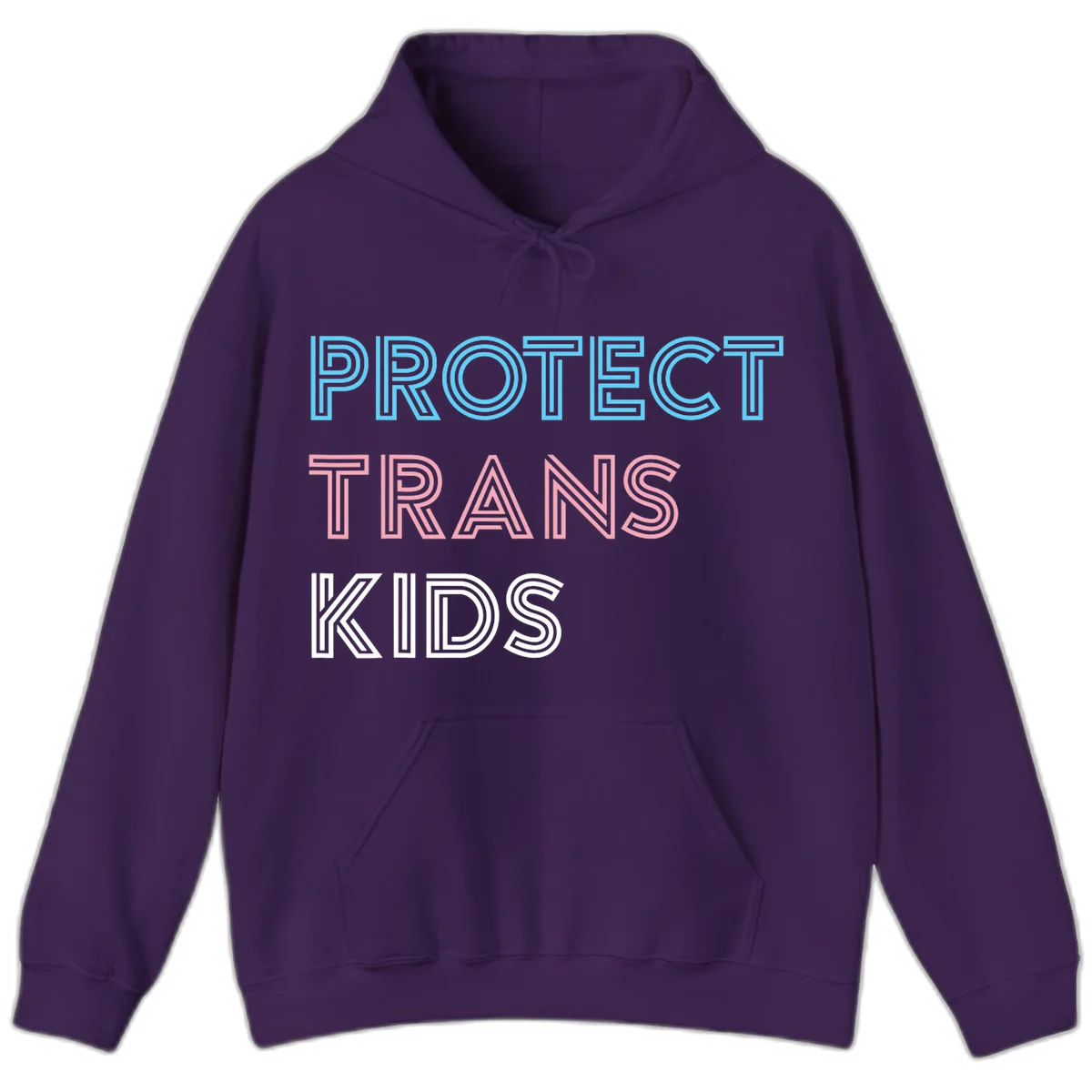 Neon-style outlined text reading 'PROTECT TRANS KIDS' in cyan, pink, and white striped lettering with concentric line patterns in Purple