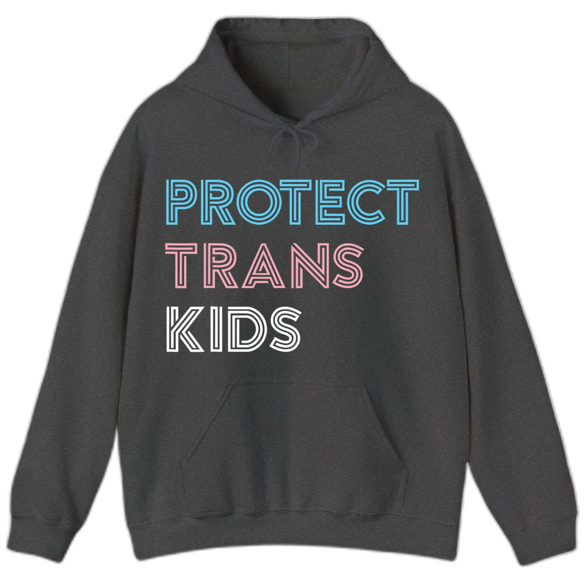 Neon-style outlined text reading 'PROTECT TRANS KIDS' in cyan, pink, and white striped lettering with concentric line patterns in Dark Heather