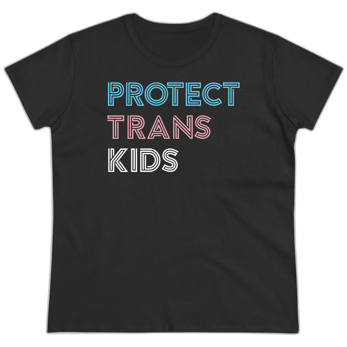 Neon-style outlined text reading 'PROTECT TRANS KIDS' in cyan, pink, and white striped lettering with concentric line patterns in Black