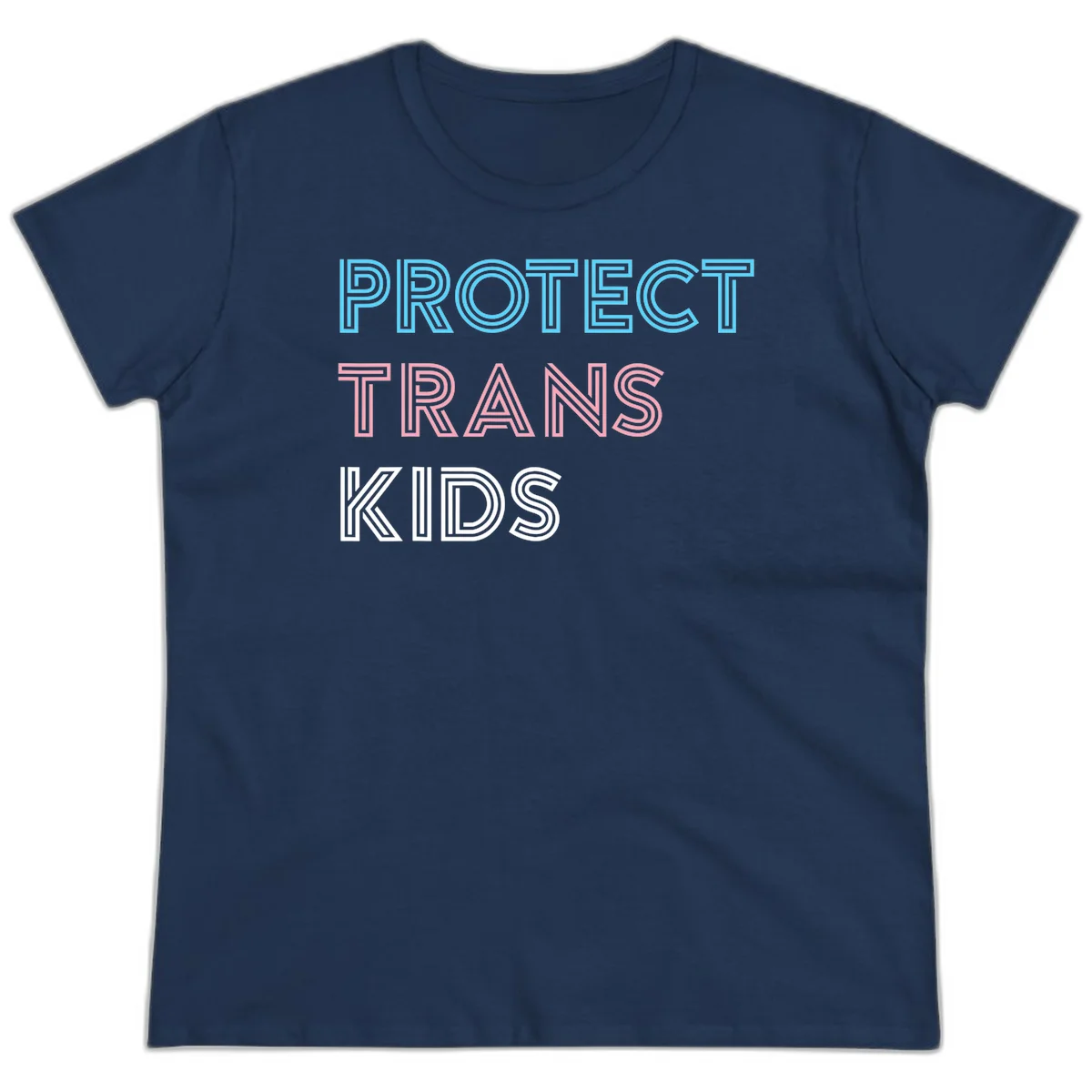 Neon-style outlined text reading 'PROTECT TRANS KIDS' in cyan, pink, and white striped lettering with concentric line patterns in Navy