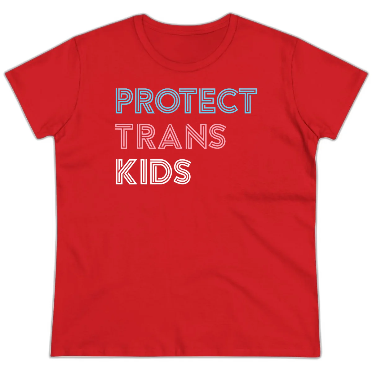 Neon-style outlined text reading 'PROTECT TRANS KIDS' in cyan, pink, and white striped lettering with concentric line patterns in Red