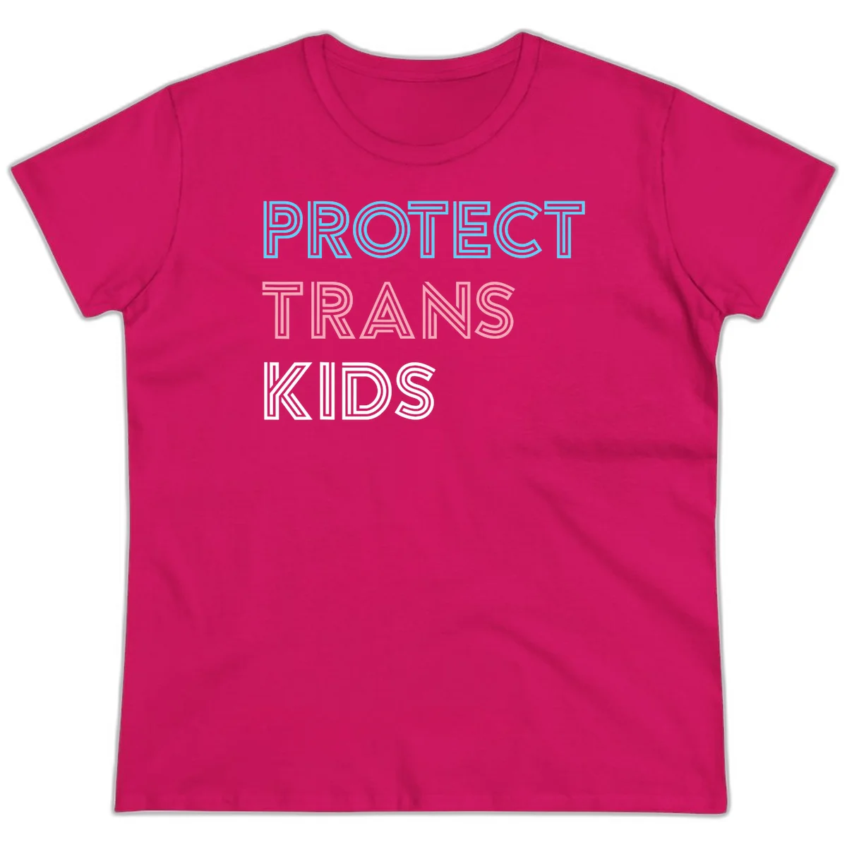 Neon-style outlined text reading 'PROTECT TRANS KIDS' in cyan, pink, and white striped lettering with concentric line patterns in Heliconia