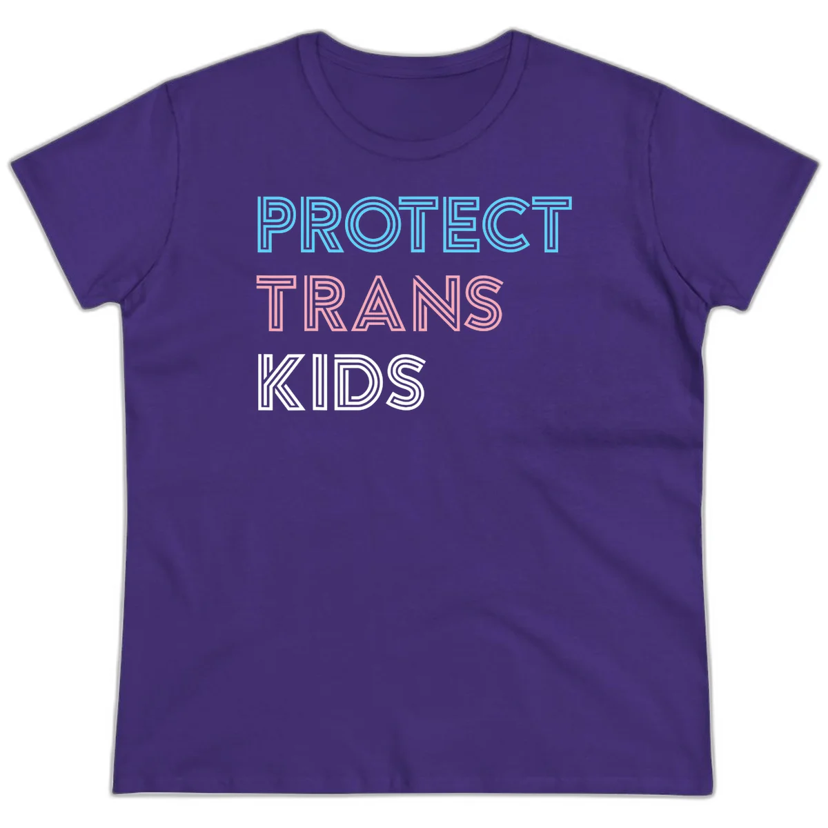 Neon-style outlined text reading 'PROTECT TRANS KIDS' in cyan, pink, and white striped lettering with concentric line patterns in Purple