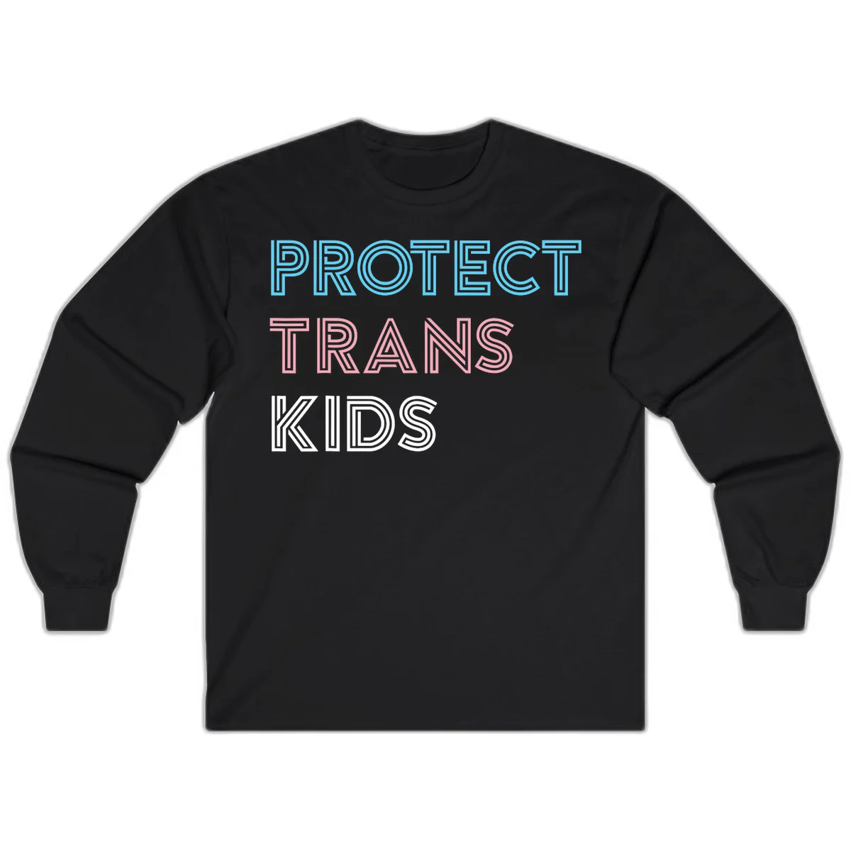 Neon-style outlined text reading 'PROTECT TRANS KIDS' in cyan, pink, and white striped lettering with concentric line patterns in Black