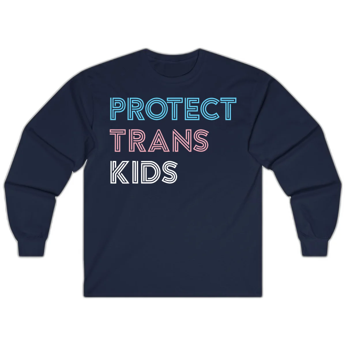 Neon-style outlined text reading 'PROTECT TRANS KIDS' in cyan, pink, and white striped lettering with concentric line patterns in Navy