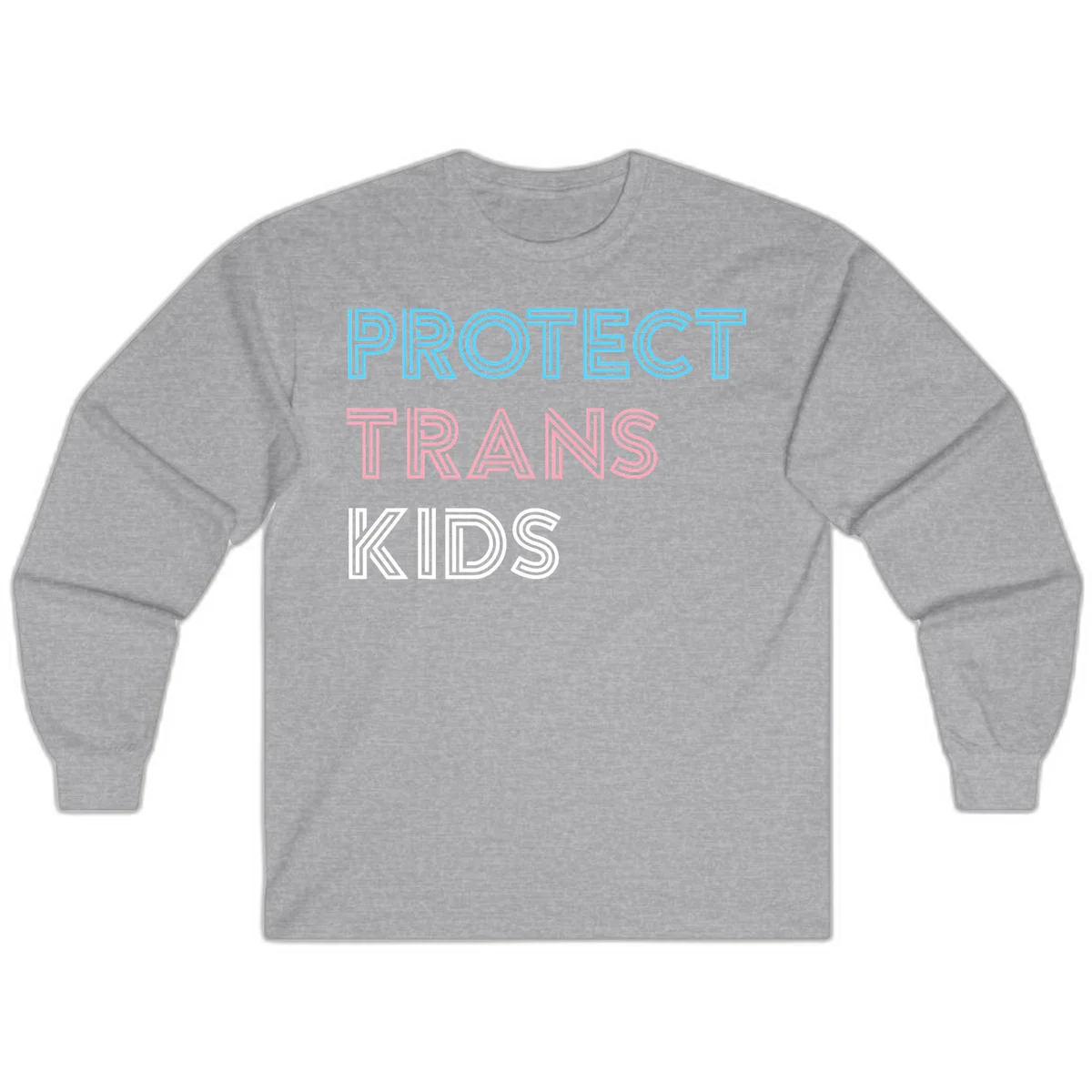 Neon-style outlined text reading 'PROTECT TRANS KIDS' in cyan, pink, and white striped lettering with concentric line patterns in Sport Grey