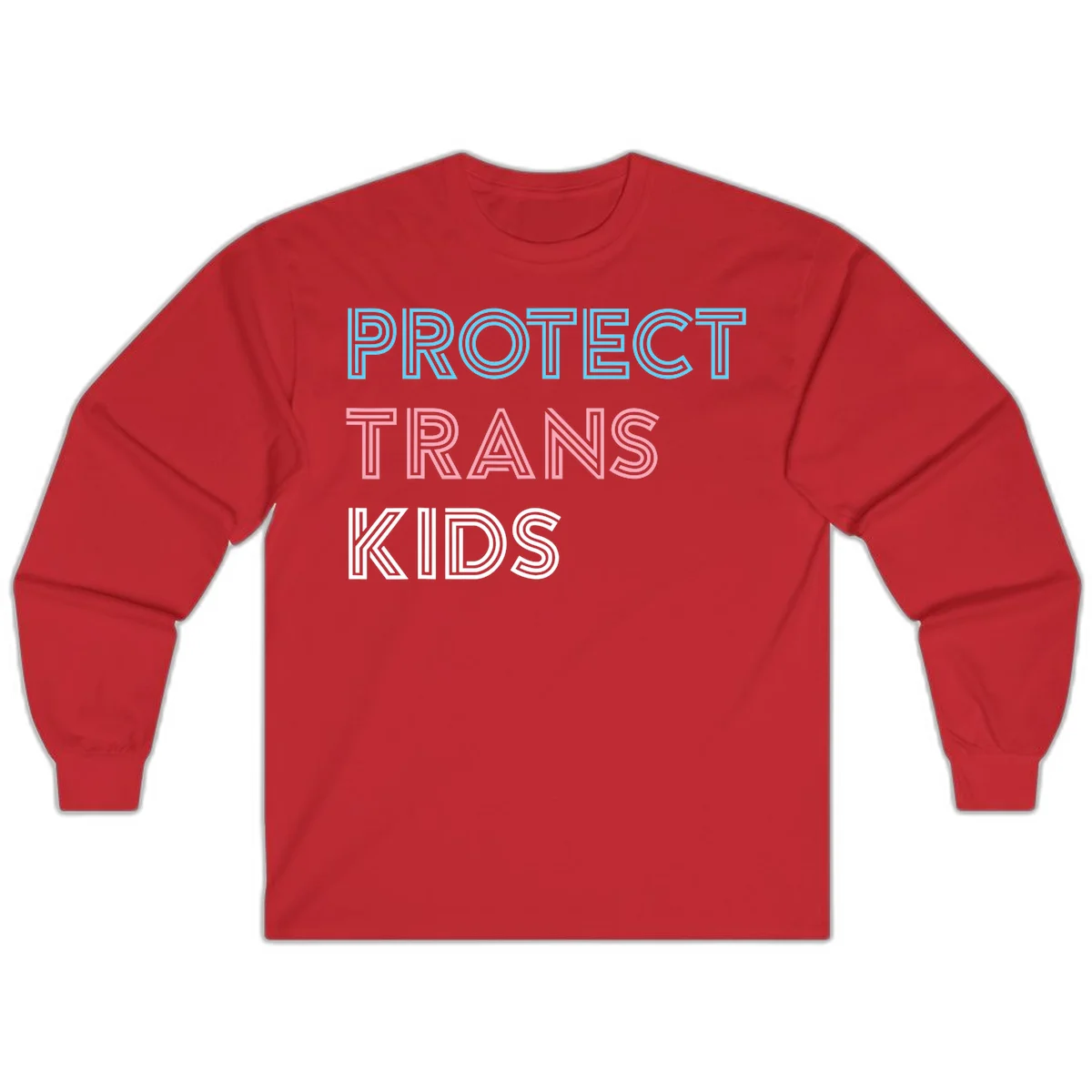 Neon-style outlined text reading 'PROTECT TRANS KIDS' in cyan, pink, and white striped lettering with concentric line patterns in Red