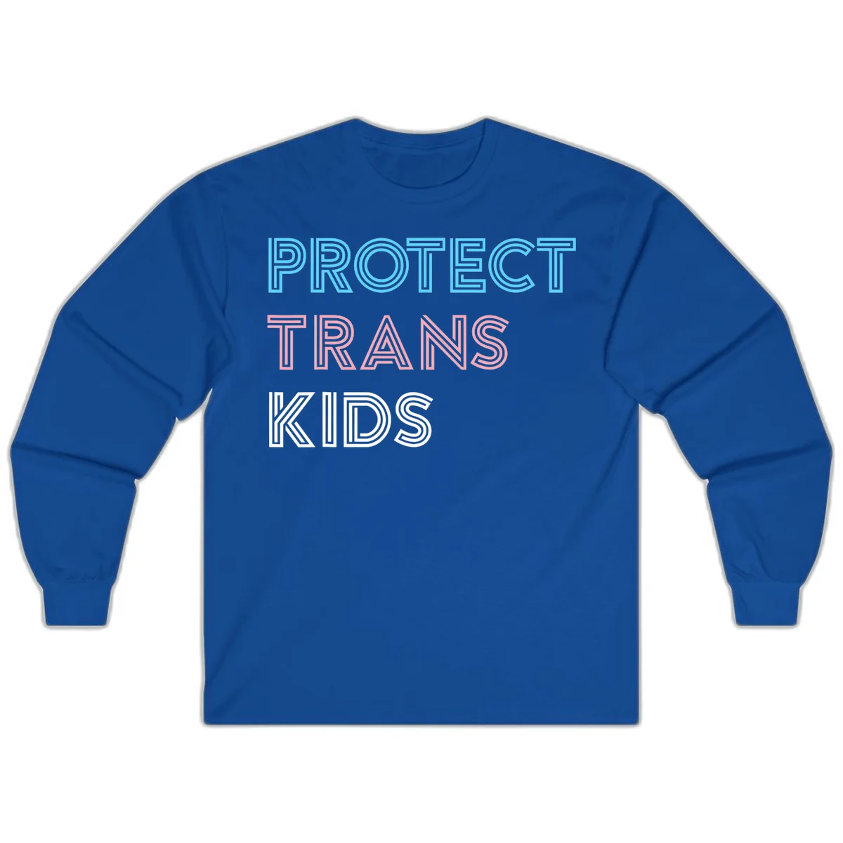 Neon-style outlined text reading 'PROTECT TRANS KIDS' in cyan, pink, and white striped lettering with concentric line patterns in Royal