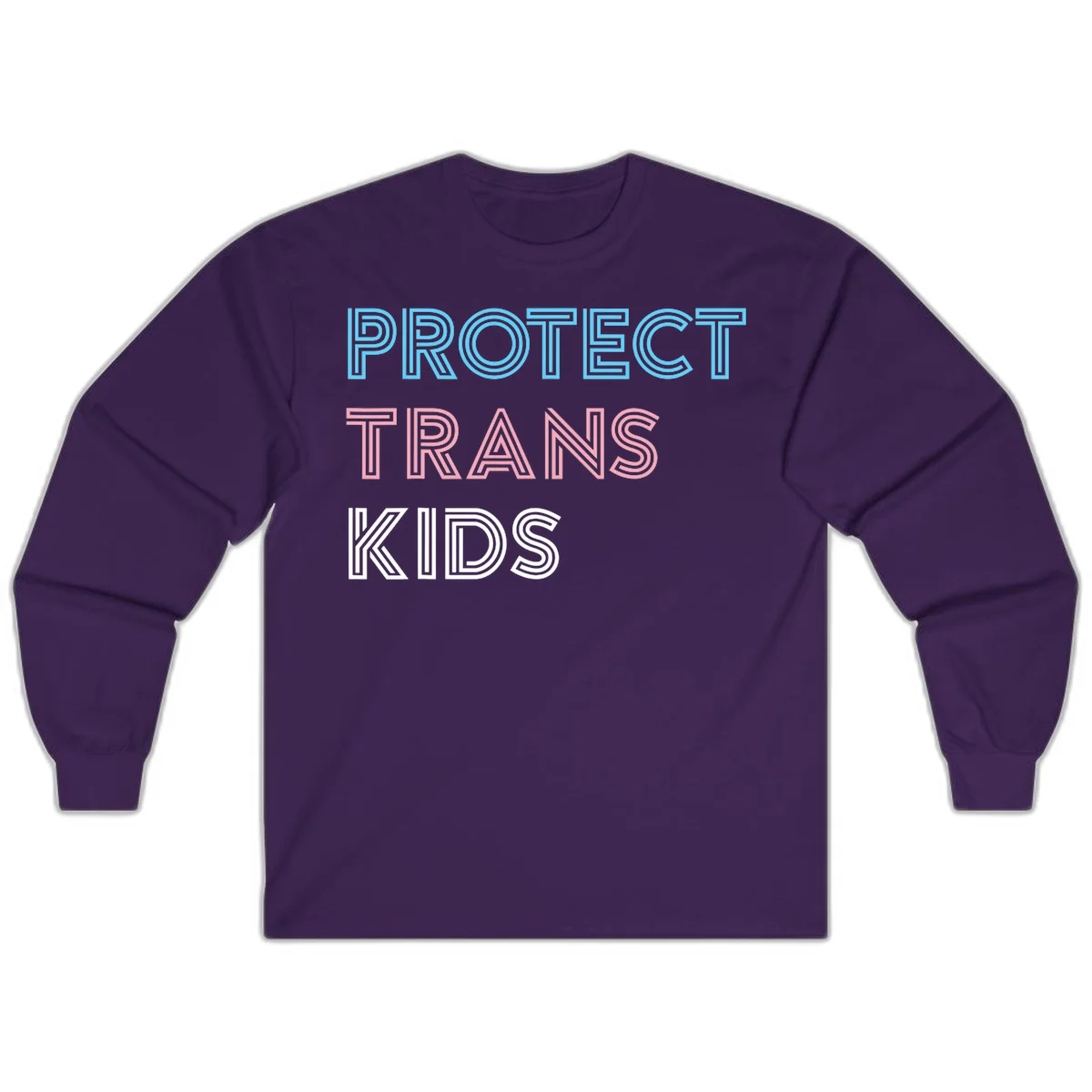 Neon-style outlined text reading 'PROTECT TRANS KIDS' in cyan, pink, and white striped lettering with concentric line patterns in Purple