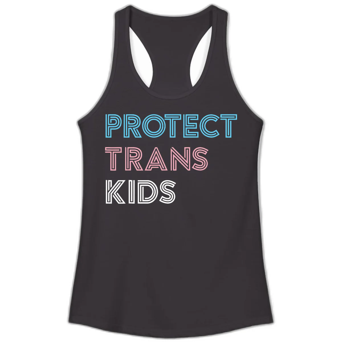 Neon-style outlined text reading 'PROTECT TRANS KIDS' in cyan, pink, and white striped lettering with concentric line patterns in Black