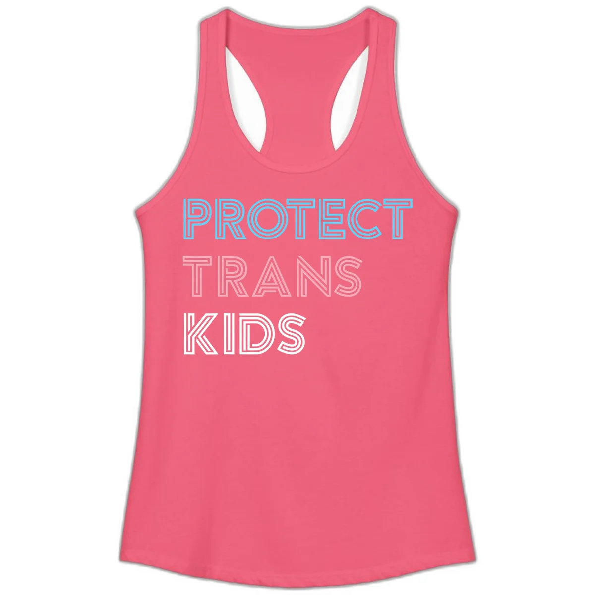Neon-style outlined text reading 'PROTECT TRANS KIDS' in cyan, pink, and white striped lettering with concentric line patterns in Hot Pink