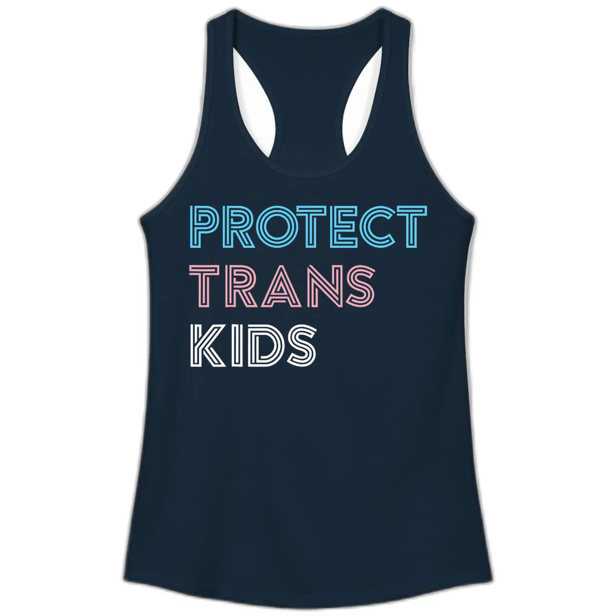 Neon-style outlined text reading 'PROTECT TRANS KIDS' in cyan, pink, and white striped lettering with concentric line patterns in Solid Midnight Navy