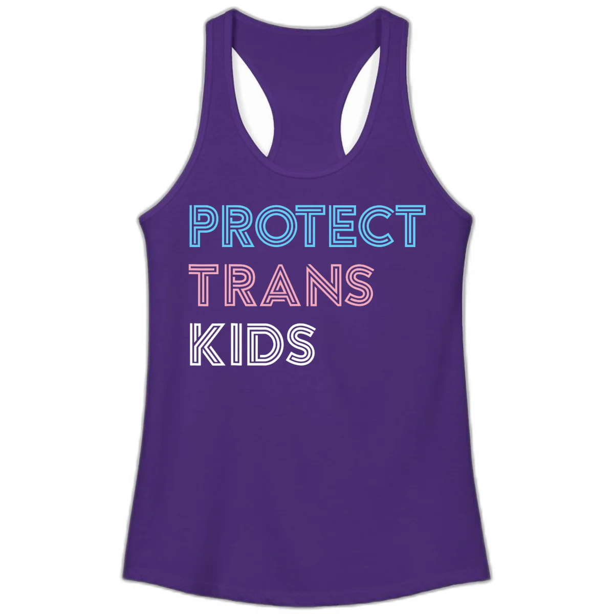 Neon-style outlined text reading 'PROTECT TRANS KIDS' in cyan, pink, and white striped lettering with concentric line patterns in Solid Purple Rush